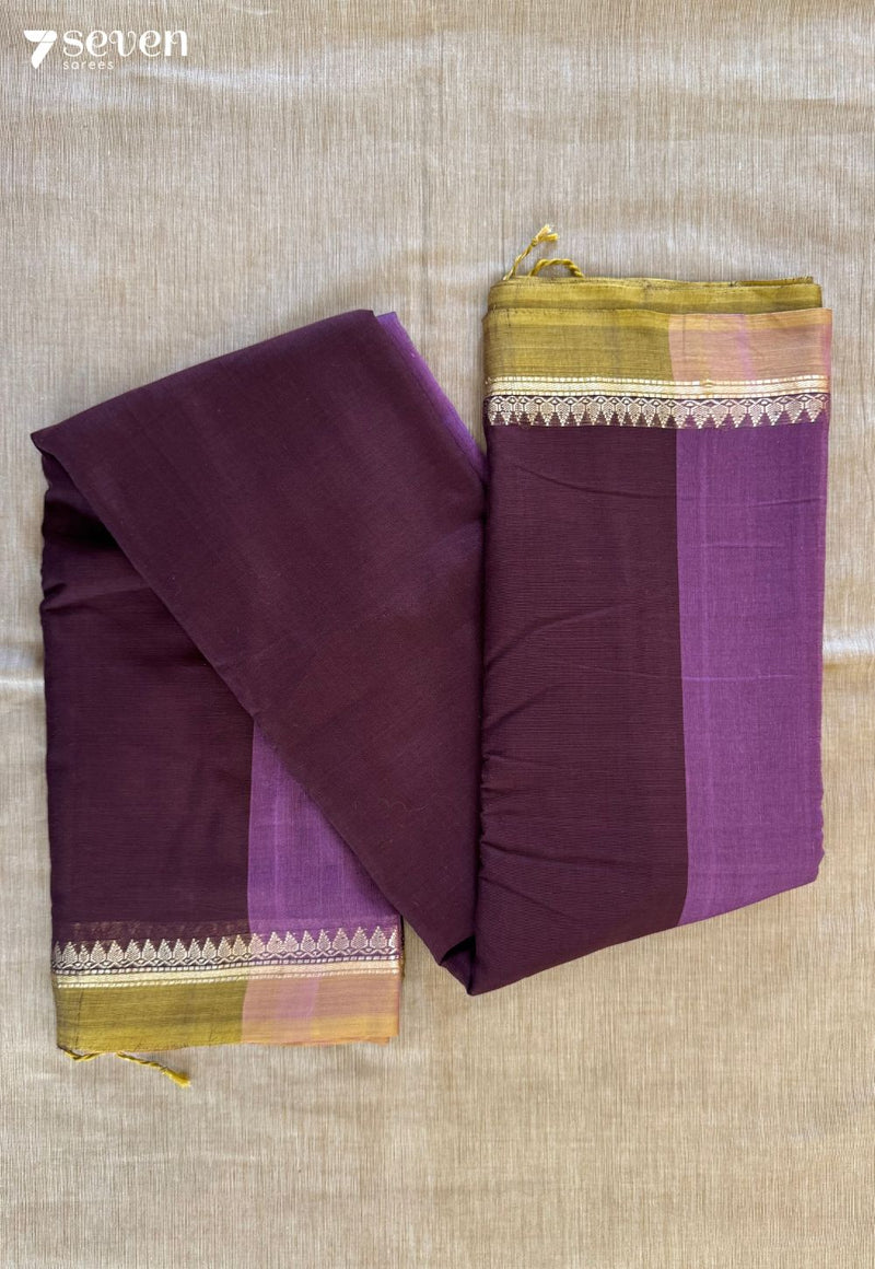 Teak wood Signature Seven Handloom Chocolate Brown Bangalore Pure Cotton Saree - Seven Sarees - Saree - Seven Sarees
