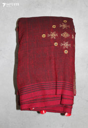 Temori Kutch Maroon Handloom Kala Cotton with Tussar Silk Bhujodi Saree - Seven Sarees - Saree - Seven Sarees