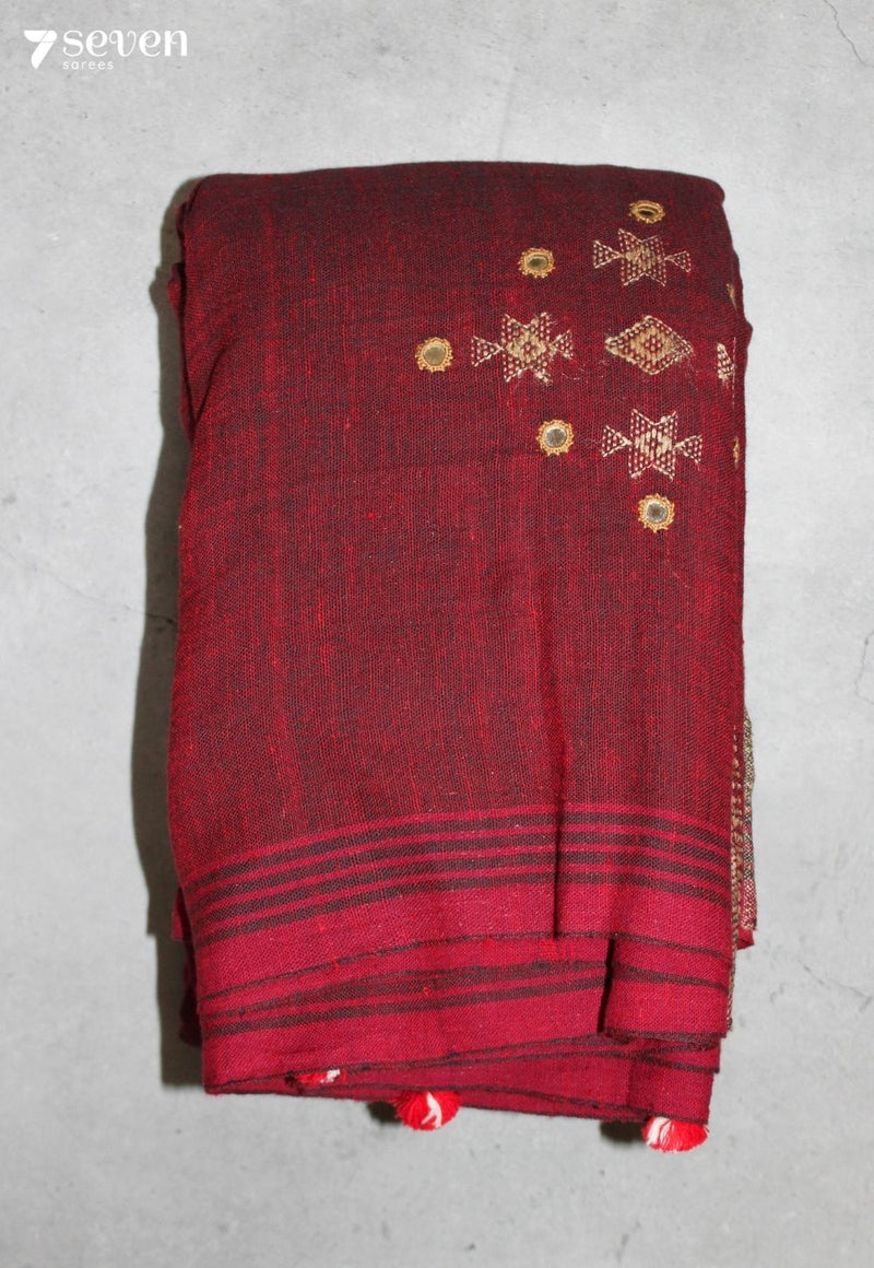 Temori Kutch Maroon Handloom Kala Cotton with Tussar Silk Bhujodi Saree - Seven Sarees - Saree - Seven Sarees
