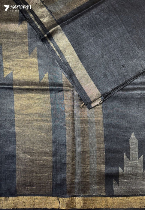 Temple Love Chattisgarh Black Pure Tussar Silk Saree | Silk Mark Certified - Seven Sarees - Saree - Seven Sarees
