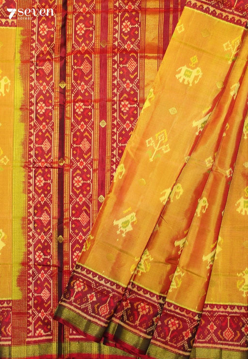 Teyrani Patola Handloom Single Ikkat Orange Pure Silk Saree|Silk Mark Certified - Seven Sarees - Saree - Seven Sarees