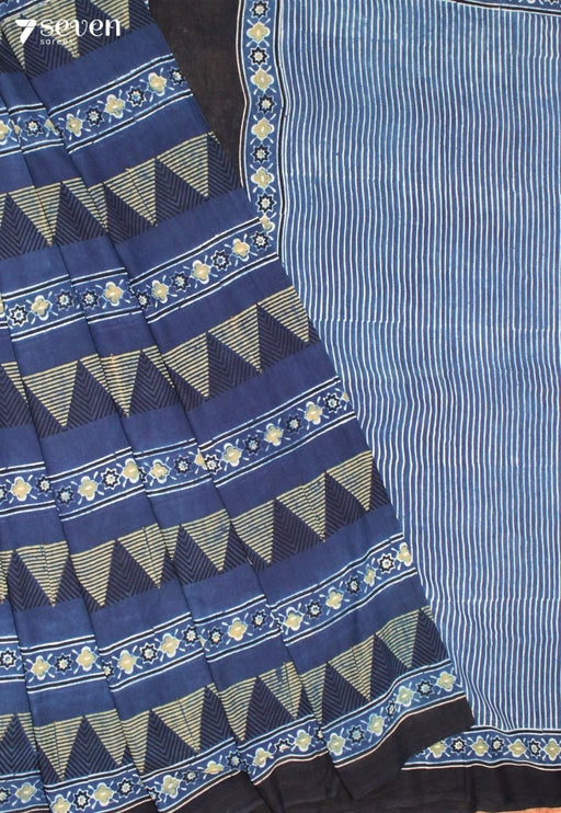 Thanira Kutch Blue Pure Handmade Ajrakh 100% Cotton Saree - Seven Sarees - Saree - Seven Sarees