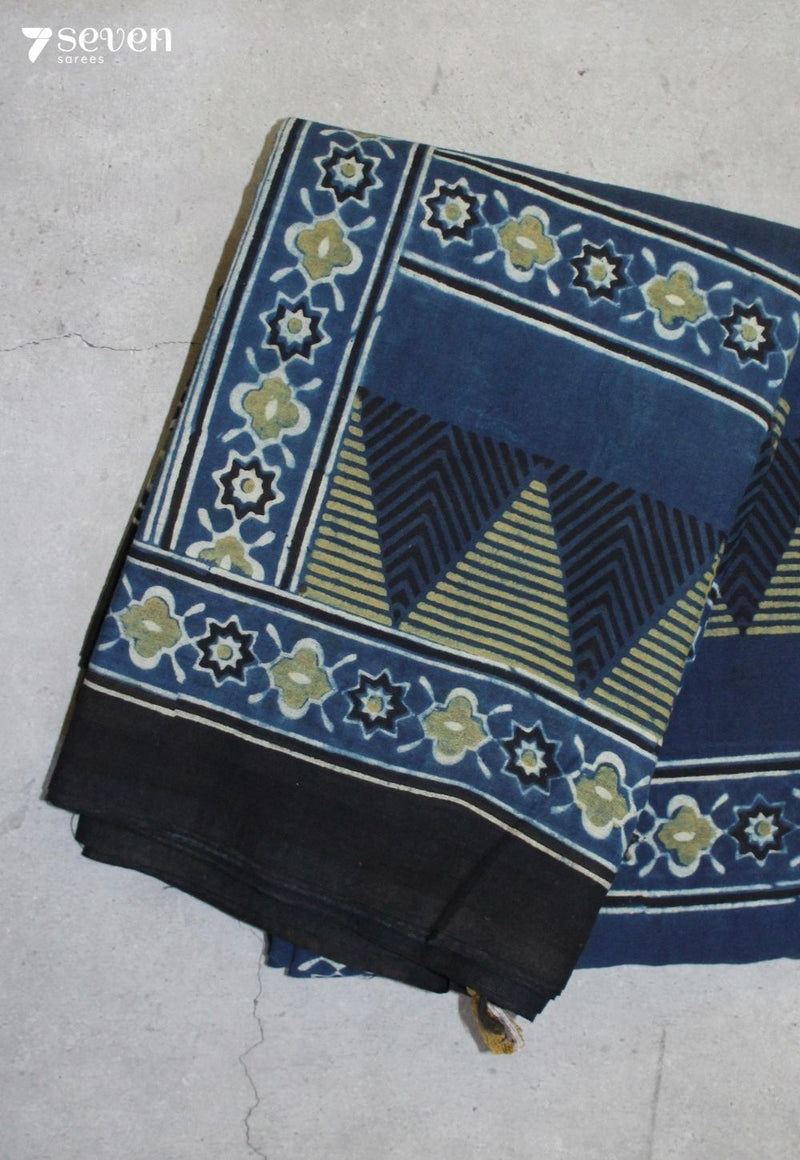 Thanira Kutch Blue Pure Handmade Ajrakh 100% Cotton Saree - Seven Sarees - Saree - Seven Sarees
