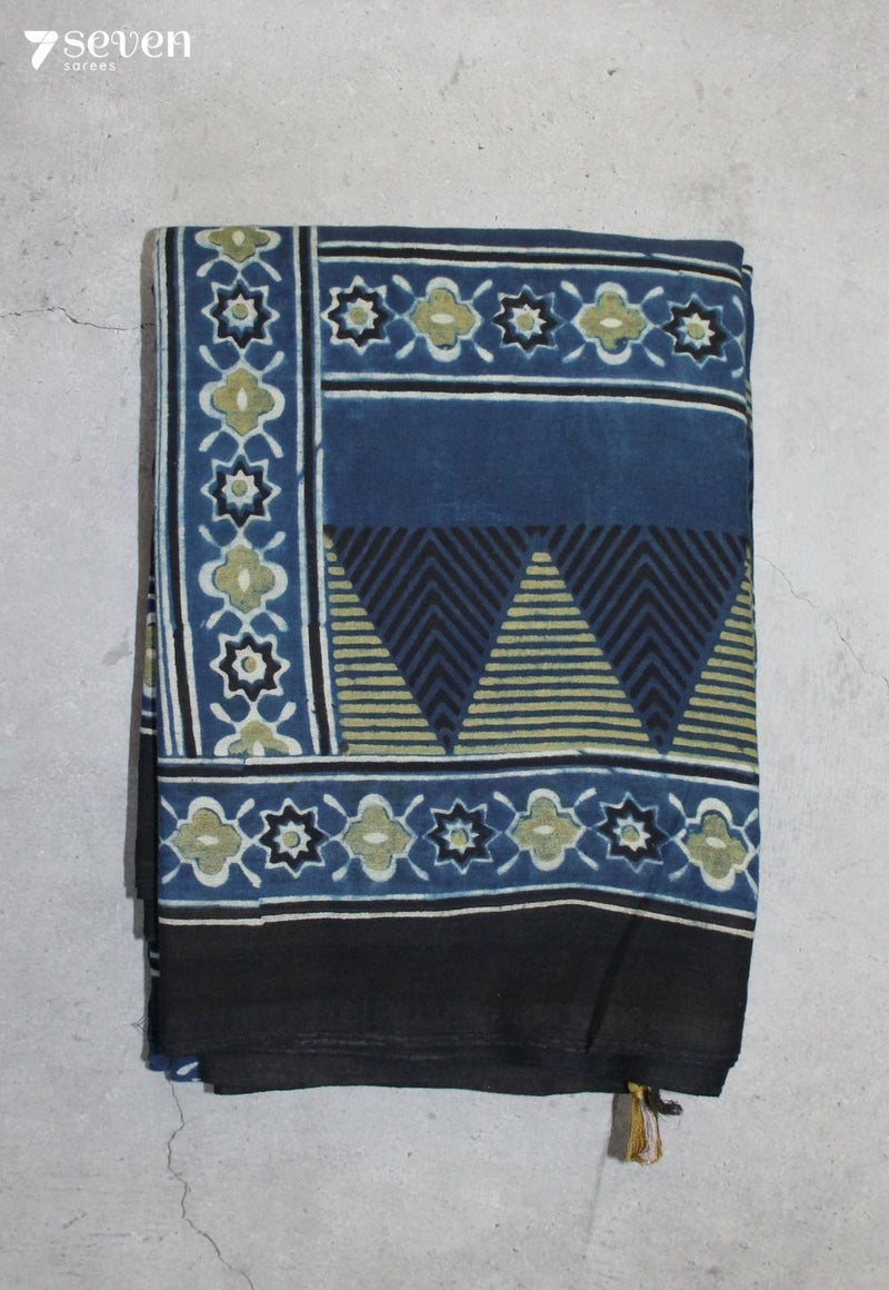 Thanira Kutch Blue Pure Handmade Ajrakh 100% Cotton Saree - Seven Sarees - Saree - Seven Sarees