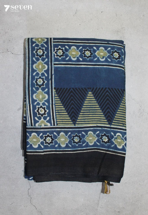 Thanira Kutch Blue Pure Handmade Ajrakh 100% Cotton Saree - Seven Sarees - Saree - Seven Sarees