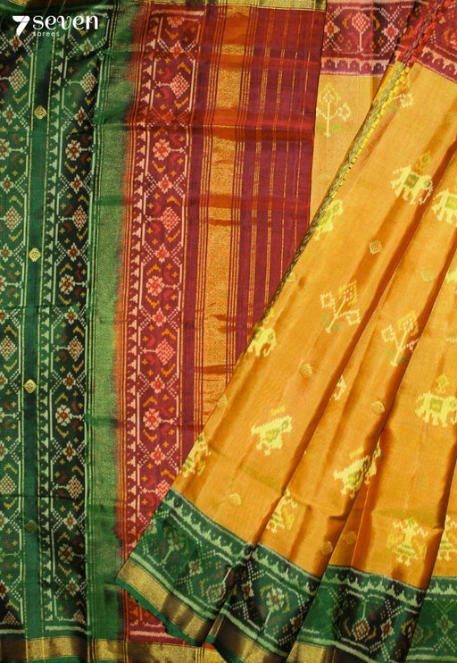 Tharime Patola Handloom Single Ikkat Golden Pure Silk Saree|Silk Mark Certified - Seven Sarees - Saree - Seven Sarees