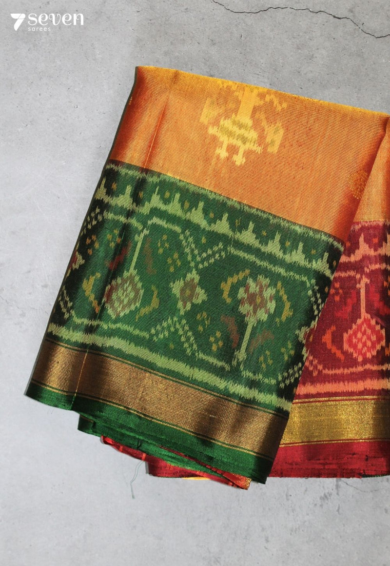 Tharime Patola Handloom Single Ikkat Golden Pure Silk Saree|Silk Mark Certified - Seven Sarees - Saree - Seven Sarees
