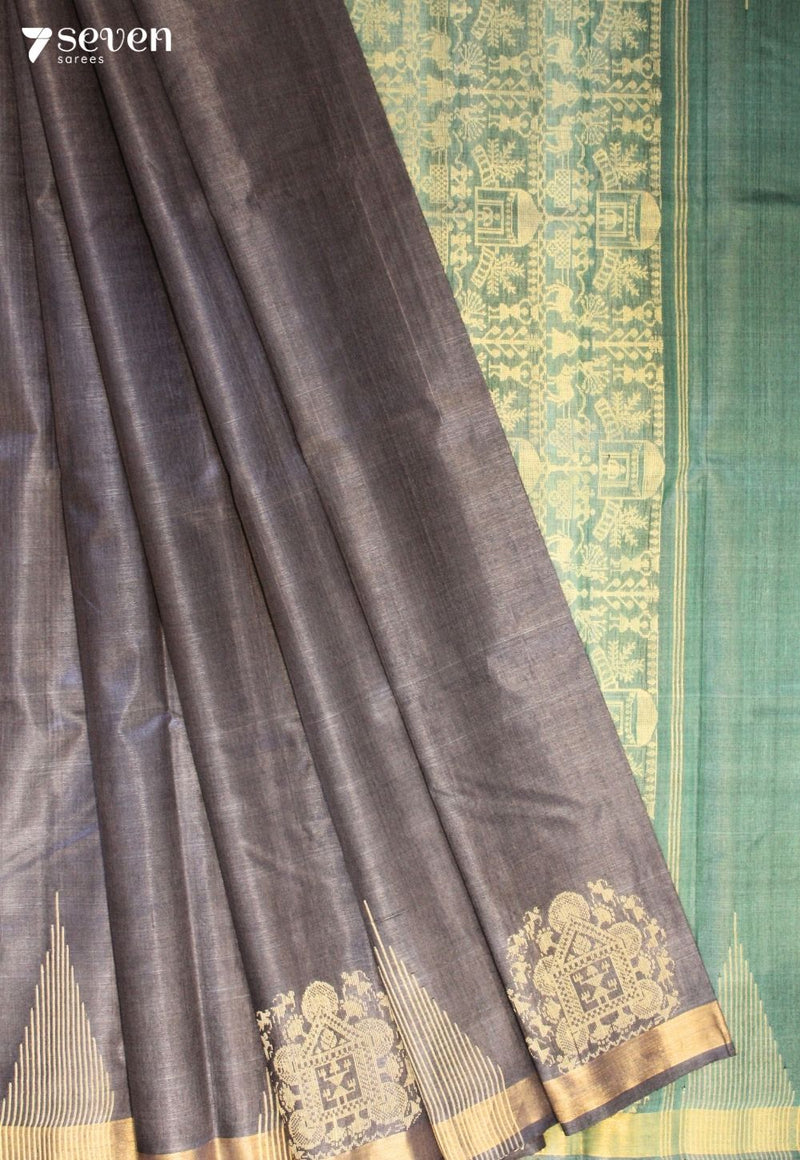 The Colour of Rain Handloom Grey Pure Tussar Silk(Kosa) Saree| Silk Mark Certified - Seven Sarees - Saree - Seven Sarees