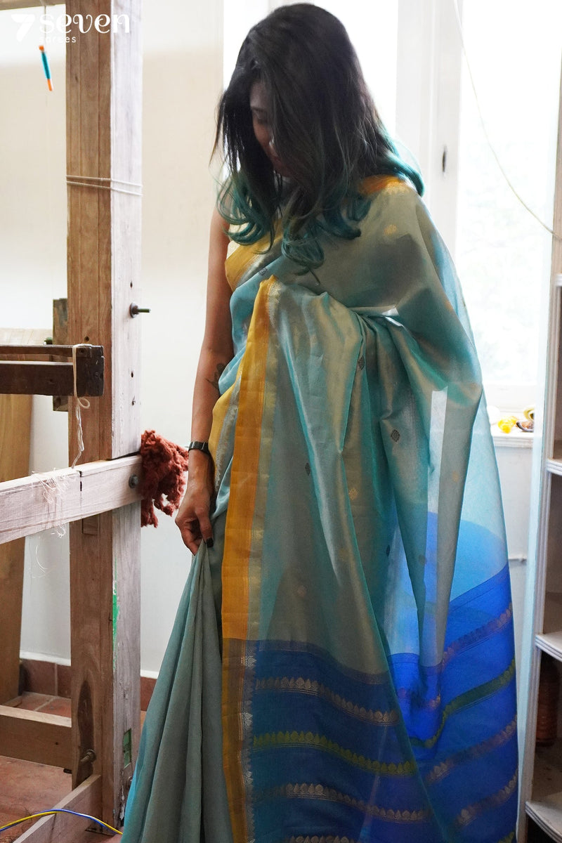 The Mirage Signature Seven Handloom Blue Bangalore Vegan Silk Saree - Seven Sarees - Saree - Seven Sarees