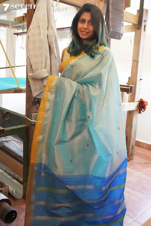 The Mirage Signature Seven Handloom Blue Bangalore Vegan Silk Saree - Seven Sarees - Saree - Seven Sarees