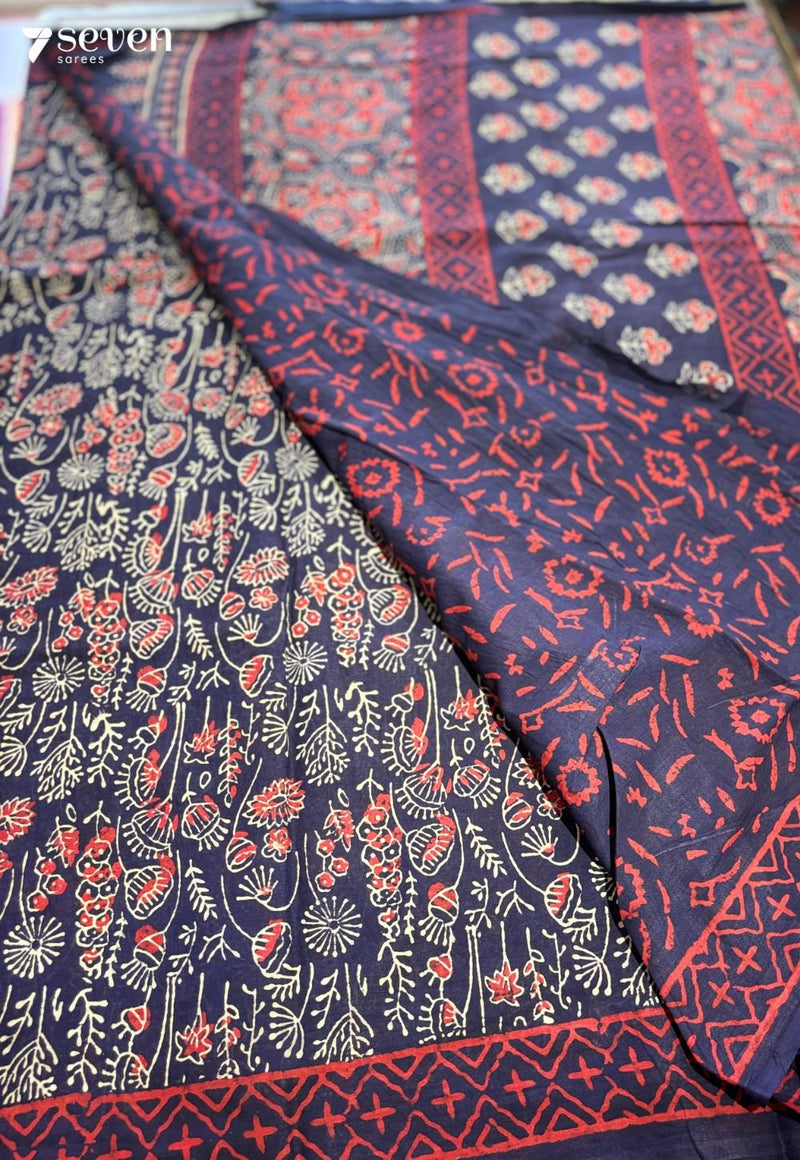 The Nettle Nook Jaipur Blue Handblock 100% Cotton Saree - Seven Sarees - Saree - Seven Sarees