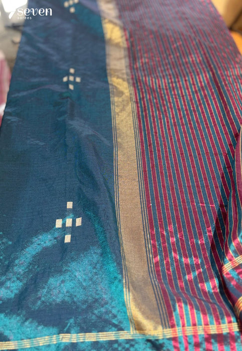 The Rain Goddess Seven Signature Seven Handloom Blue Bangalore Vegan Silk Saree - Seven Sarees - Saree - Seven Sarees