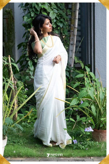 The Special Onam Off - White Viscose - Cotton Saree with Gold border - Seven Sarees - Saree - Seven Sarees