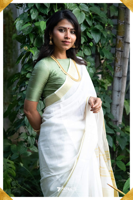 The Special Onam Off - White Viscose - Cotton Saree with Gold border - Seven Sarees - Saree - Seven Sarees