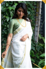 The Special Onam Off - White Viscose - Cotton Saree with Gold border - Seven Sarees - Saree - Seven Sarees