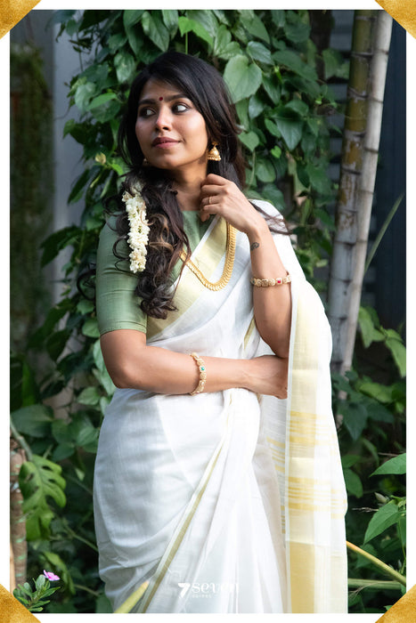 The Special Onam Off - White Viscose - Cotton Saree with Gold border - Seven Sarees - Saree - Seven Sarees