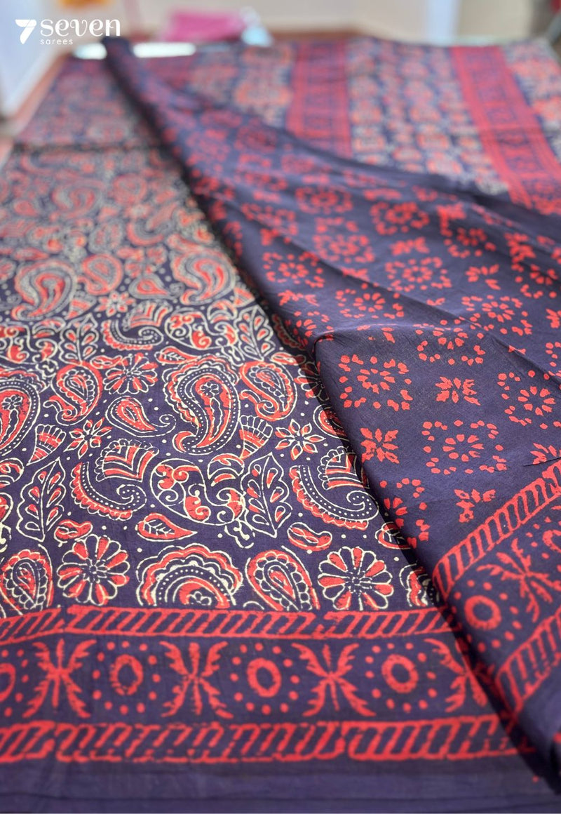 The Wild Buttercup Jaipur Blue Handblock 100% Cotton Saree - Seven Sarees - Saree - Seven Sarees