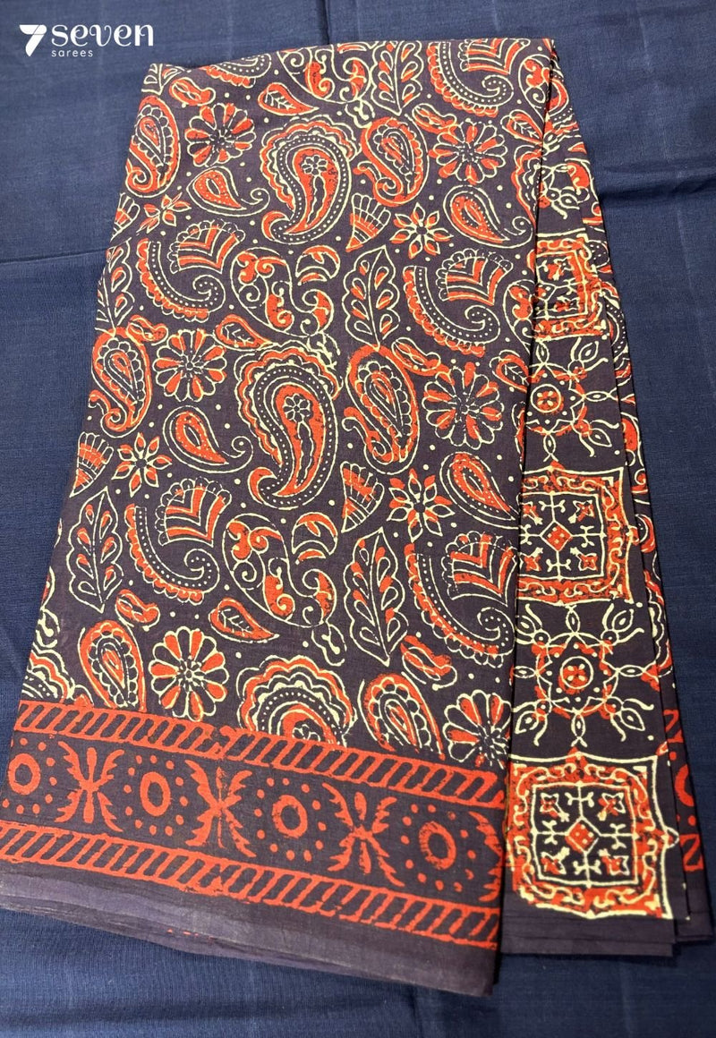 The Wild Buttercup Jaipur Blue Handblock 100% Cotton Saree - Seven Sarees - Saree - Seven Sarees