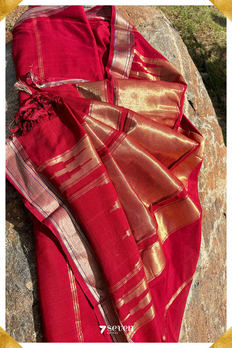 Thega Signature Seven Handloom Red Bangalore Cotton Saree - Seven Sarees - Saree - Seven Sarees