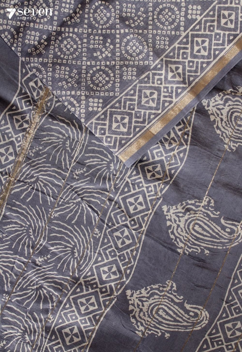 Tholvaya Jaipur Purple Hand Block Printed Silk Cotton Saree - Seven Sarees - Saree - Seven Sarees