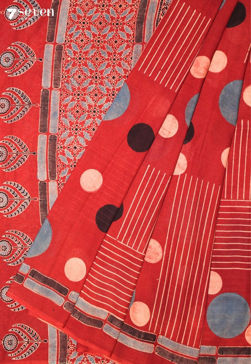 Thomari Kutch Red Pure Handmade Ajrakh 100% Cotton Saree - Seven Sarees - Saree - Seven Sarees