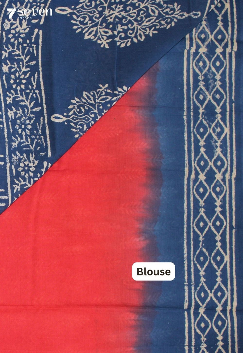 Tolvini Jaipur Red Hand Block Printed 100% Cotton Saree - Seven Sarees - Saree - Seven Sarees
