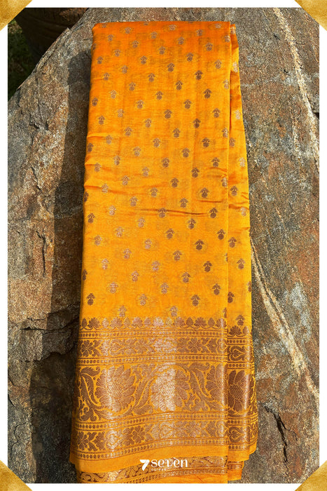 Tubra Benares Mustard Orange Pure Silk Saree | Silk Mark Certified - Seven Sarees - Saree - Seven Sarees