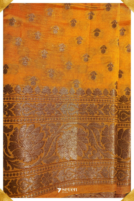 Tubra Benares Mustard Orange Pure Silk Saree | Silk Mark Certified - Seven Sarees - Saree - Seven Sarees