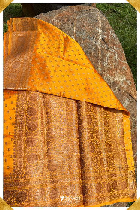 Tubra Benares Mustard Orange Pure Silk Saree | Silk Mark Certified - Seven Sarees - Saree - Seven Sarees