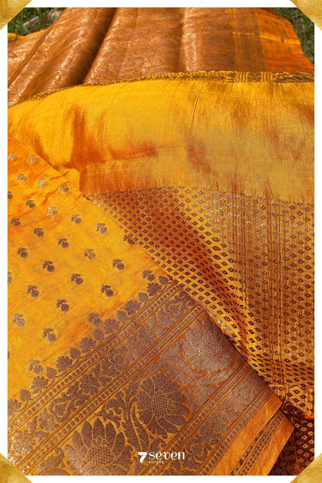 Tubra Benares Mustard Orange Pure Silk Saree | Silk Mark Certified - Seven Sarees - Saree - Seven Sarees