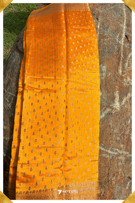 Tubra Benares Mustard Orange Pure Silk Saree | Silk Mark Certified - Seven Sarees - Saree - Seven Sarees