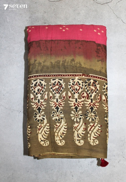 Uthavi Kutch Pink Handmade Ajrakh Bandhini 100% Cotton Saree - Seven Sarees - Saree - Seven Sarees