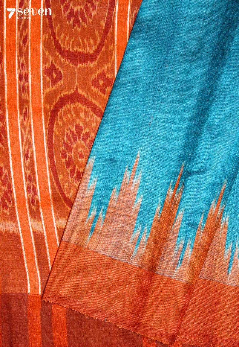 Vaidarbhi Handloom Blue Pure Tussar Silk Saree with Cotton Ikkat Pallu - Seven Sarees - Saree - Seven Sarees