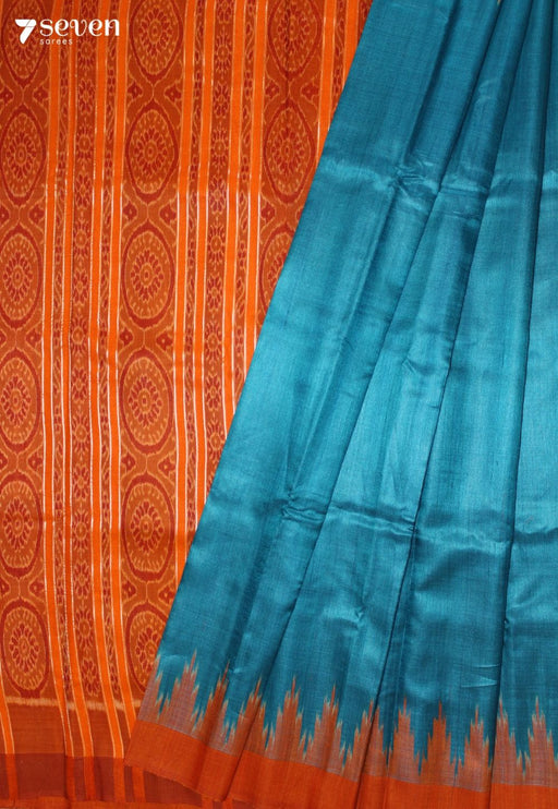 Vaidarbhi Handloom Blue Pure Tussar Silk Saree with Cotton Ikkat Pallu - Seven Sarees - Saree - Seven Sarees