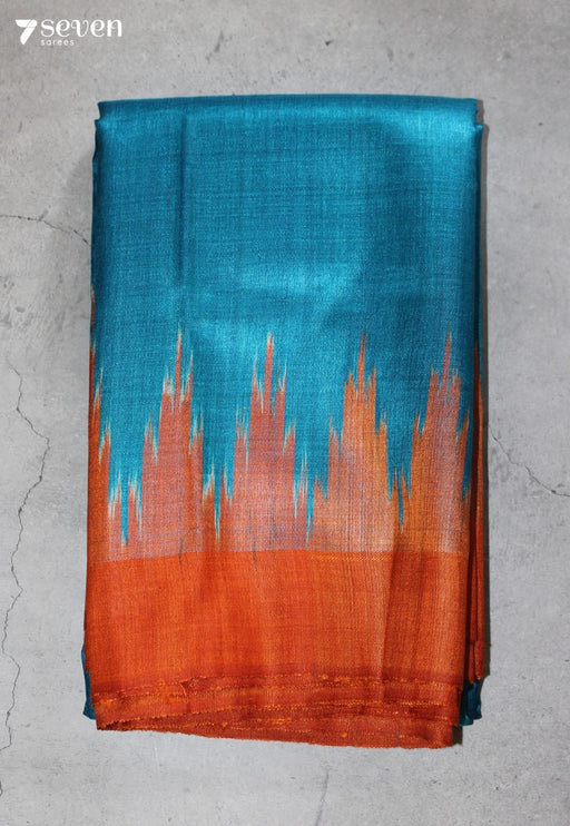 Vaidarbhi Handloom Blue Pure Tussar Silk Saree with Cotton Ikkat Pallu - Seven Sarees - Saree - Seven Sarees