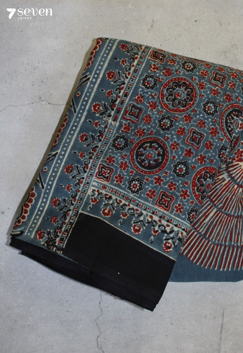 Vairuna Kutch Blue Pure Handmade Ajrakh 100% Cotton Saree - Seven Sarees - Saree - Seven Sarees