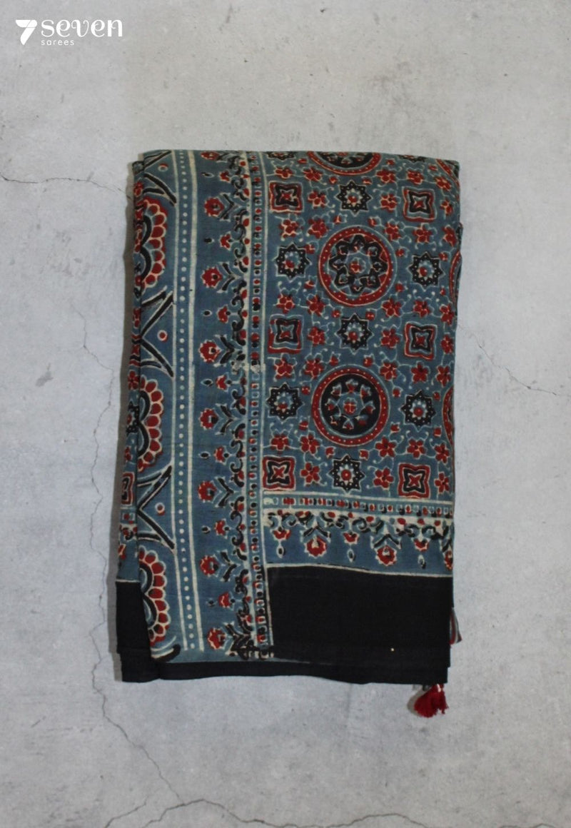 Vairuna Kutch Blue Pure Handmade Ajrakh 100% Cotton Saree - Seven Sarees - Saree - Seven Sarees