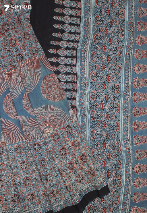 Vairuna Kutch Blue Pure Handmade Ajrakh 100% Cotton Saree - Seven Sarees - Saree - Seven Sarees