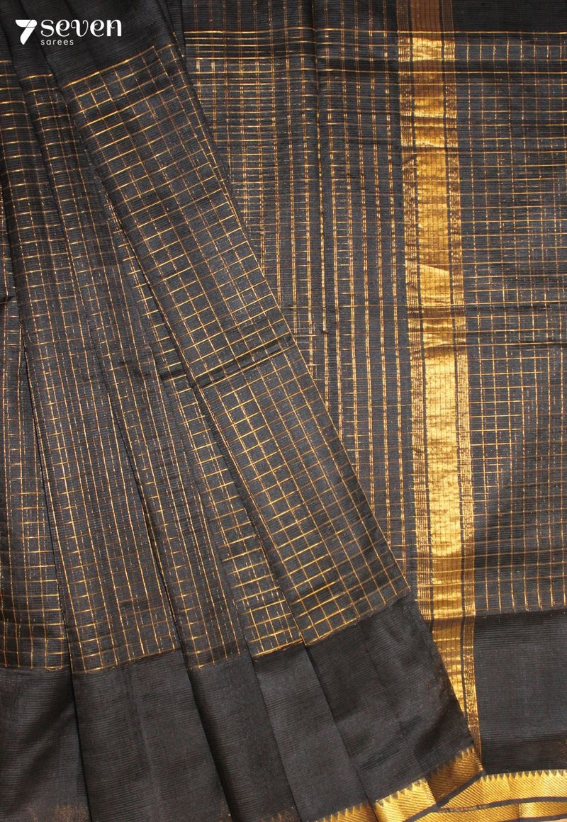 Varnyika Mangalagiri Handloom Black Silk Cotton Checked Saree - Seven Sarees - Saree - Seven Sarees