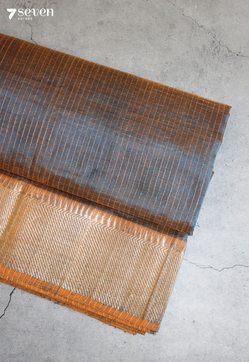Varunmi Mangalagiri Handloom Grey-Orange Silk Cotton Checked Saree - Seven Sarees - Saree - Seven Sarees