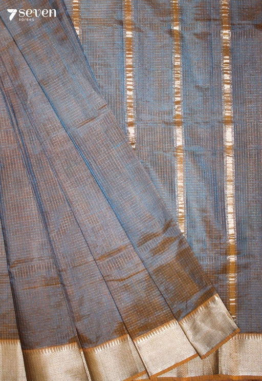 Varunmi Mangalagiri Handloom Grey-Orange Silk Cotton Checked Saree - Seven Sarees - Saree - Seven Sarees