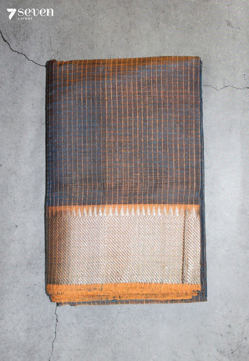 Varunmi Mangalagiri Handloom Grey-Orange Silk Cotton Checked Saree - Seven Sarees - Saree - Seven Sarees
