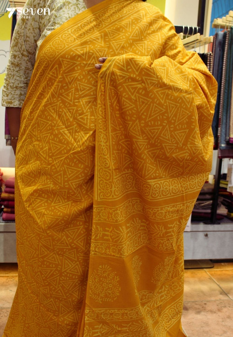 Vasanti Jaipur Yellow Hand Block Printed 100% Cotton Saree - Seven Sarees - Saree - Seven Sarees