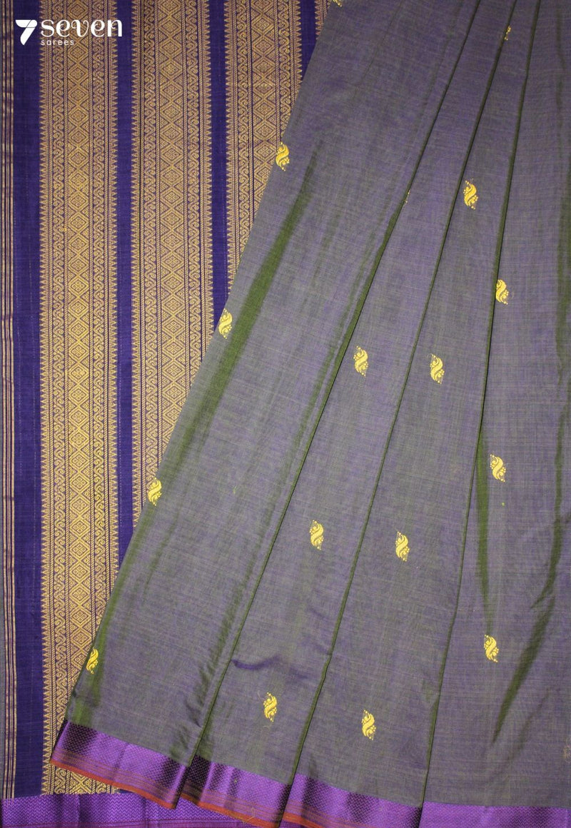 Vasundhara Signature Seven Handloom Olive Purple Bangalore Pure Cotton Saree - view 1