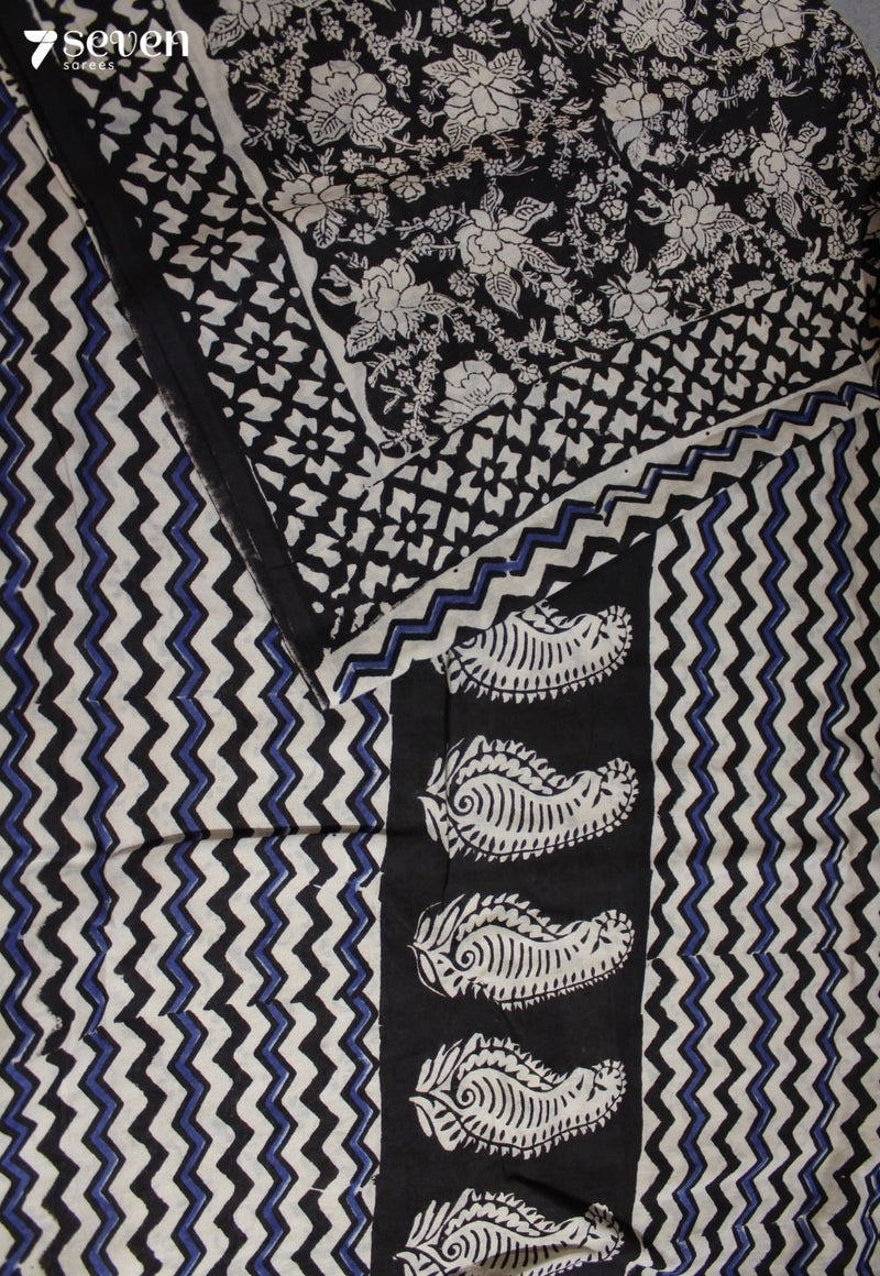 Vedhika Jaipur Black Hand Block Printed 100% Cotton Saree - Seven Sarees - Saree - Seven Sarees