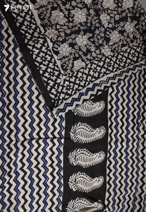 Vedhika Jaipur Black Hand Block Printed 100% Cotton Saree - Seven Sarees - Saree - Seven Sarees