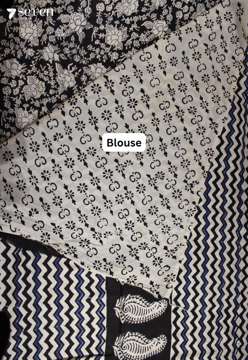 Vedhika Jaipur Black Hand Block Printed 100% Cotton Saree - Seven Sarees - Saree - Seven Sarees