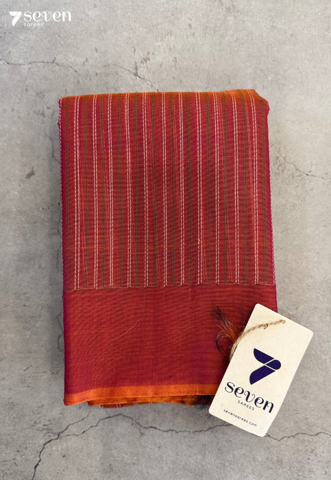 Vedika Signature Seven Handloom Red Orange Bangalore Pure Silk Cotton Saree - Seven Sarees - Saree - Seven Sarees