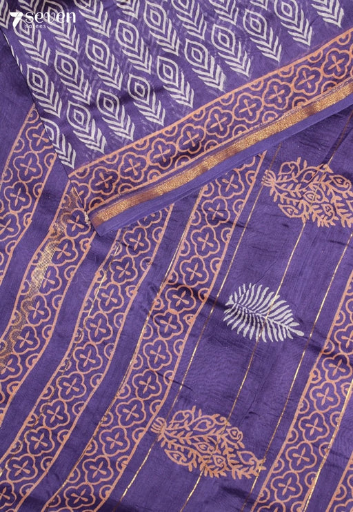 Vehanika Jaipur Purple Hand Block Printed Silk Cotton Saree - Seven Sarees - Saree - Seven Sarees