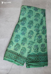 Velanira Jaipur Green Hand Block Printed Vegetable Dyed 100% Cotton Saree - Seven Sarees - Saree - Seven Sarees
